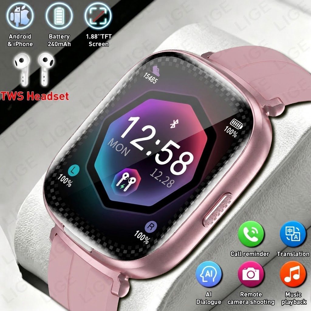 Audio With Music Ai - LIGE สมาร์ทวอทช์ 2-in-1 พร้อมหูฟัง TWS หน้าจอ