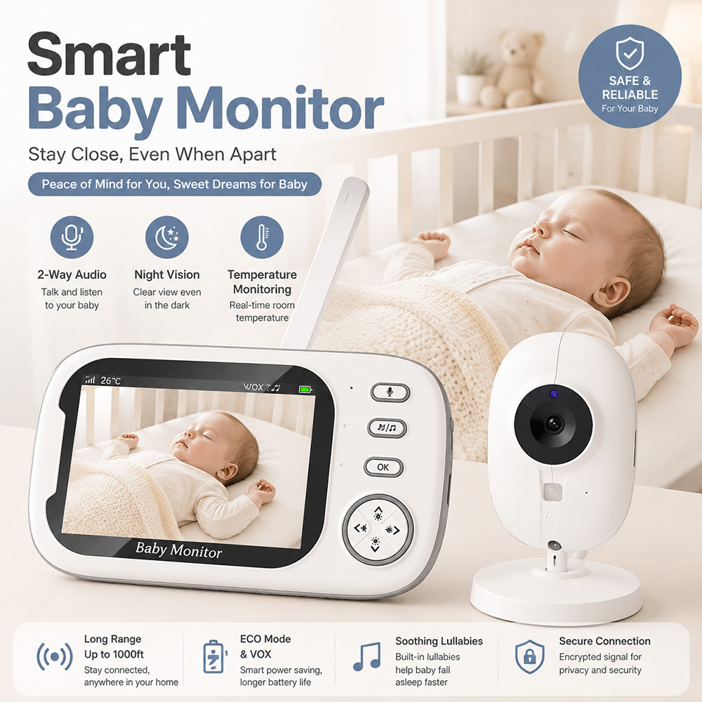 Audio Music For Video - เครื่องตรวจสอบเด็กขนาด 3.5 นิ้ว พร้อมกล้องและเสียง, เครื่องตรวจสอบเด็กวิดีโอความละเอียด 720P,