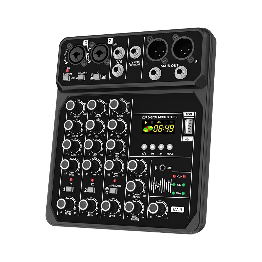 Audio Music Mixer - มิกเซอร์เสียงแบบพกพา 4 ช่อง รองรับ 48V สำหรับการแสดงกลางแจ้งและการผลิตดนตรี