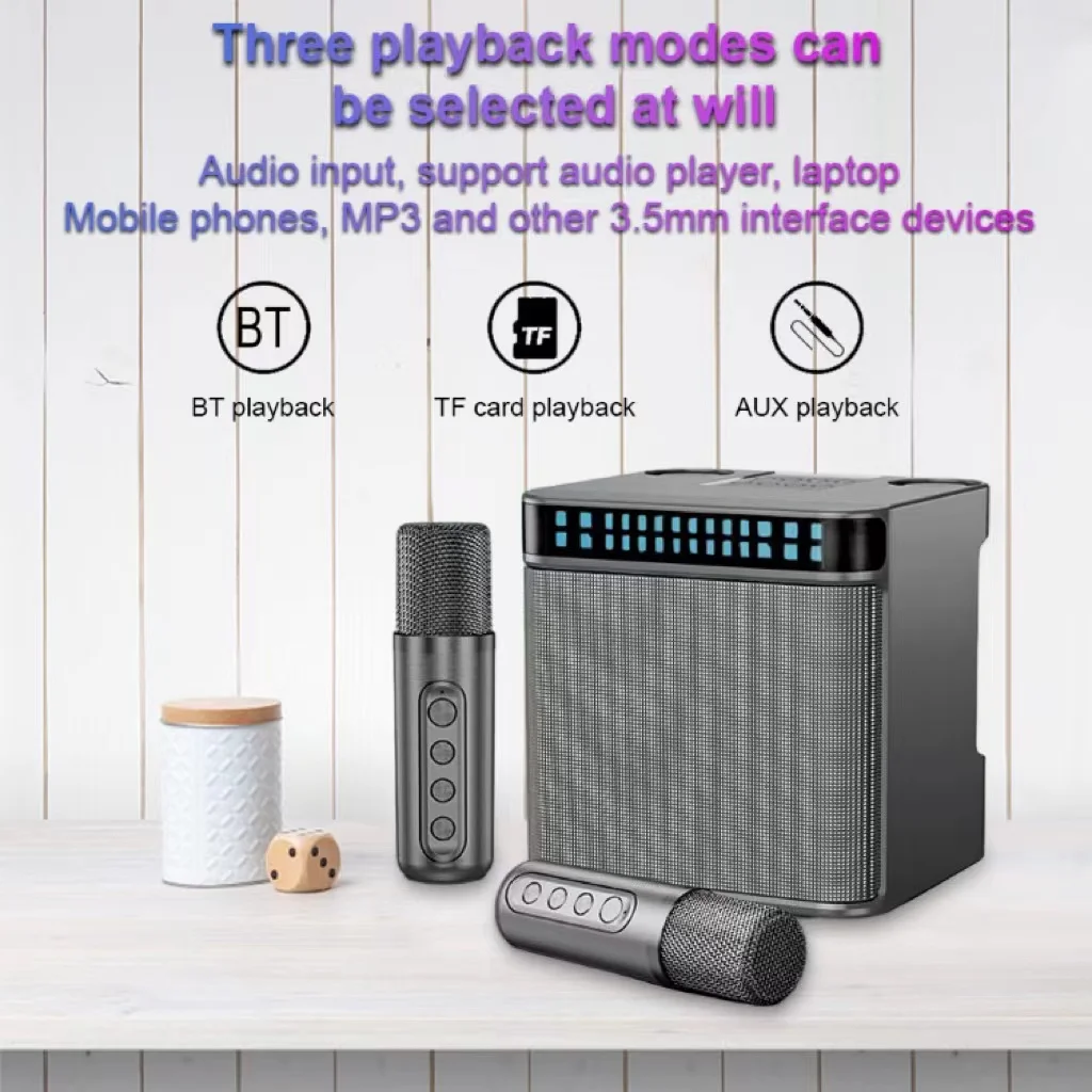 Audio Music Kids - ลำโพงบลูทูธพกพาพร้อมไมโครโฟนไร้สาย 2 ตัว เครื่องคาราโอเกะ รองรับ BT/USB/การ์ด